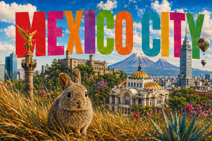 Teporingo (Romerolagus diazi), le lapin des volcans endémique du Mexique, dans les hautes herbes avec l'Ange de l'Indépendance, le Palais des Beaux-Arts et le volcan Popocatépetl en arrière-plan à Mexico